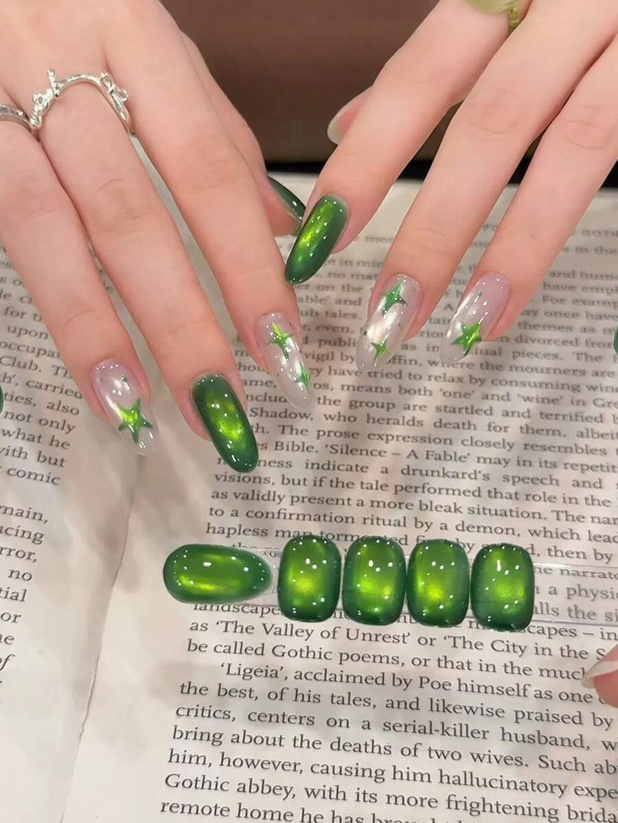 HEFENNA 1pc Green Cat Eye Gel Nail Polish, Forest Deep Green Glass Bead Cat Eye Nail Art, LED/UV Gel Nail Polish - Green - View 1