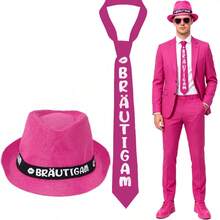 3pcs Groom Theme Set: Pink Hat + Fashion Glasses + Tie, Bachelor Party Costume Props, 1980s Fashion Accessories,Halloween - Hot Pink - View 2