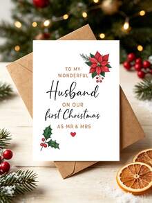 1pc "Our First Christmas As Mr & Mrs" Christmas Card With Envelope - Romantic Festive Greeting For Husband, Blank Inside - A - View 2