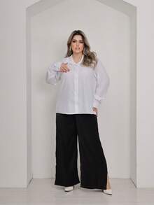 Women's Plus Size Plain Collared Dress Shirt With Long Sleeves - 白色 - 查看 4