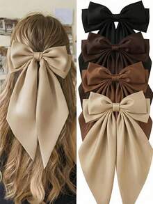 4pcs Large Satin Bow Hair Clips, Women's Long Tail Ribbon Bow Hair Clips, French Brown Silk Sweet Style Campus Style Tropical Style Hair Accessories - Multicolor - View 1