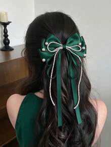 1 pieza Pinza para el cabello con lazo minimalista y femenino, lazo de cinta de satén multicolor con perlas, pinza de resorte para coleta o media coleta - Multicolor - Ver 9