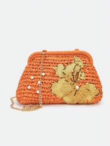 Dedoo 花卉刺繡編織草編手拿包，珍珠裝飾金屬鏈條復古夏季女款斜挎包，適合海灘派對度假 - 橘色 - 查看 4