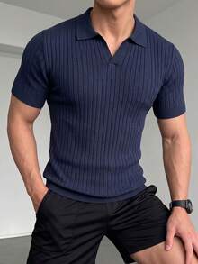 ZYNTH BALENO Men's Summer Striped Knit Polo Short Sleeve Shirt, Minimalist Versatile Top, Suitable For Outdoor Sports And Gym Workouts - Navy Blue - View 7