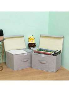 1pc Washable Linen Foldable CD Storage Box, Foldable Storage Bin, Toy Organizer Basket With Lid, Laundry Basket - Camel - View 3