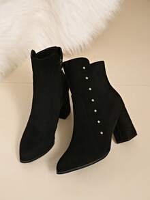 Women's Side Zipper Chunky Heel Chelsea Boots, Fashion Studs Decor, Comfortable Chunky Heel Height-Increasing Slimming Ankle Boots - Brown - View 4
