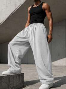 Men's Wide Leg Drawstring Elastic Waist Loose Street Style Casual Sports Pants - Light Grey - View 8