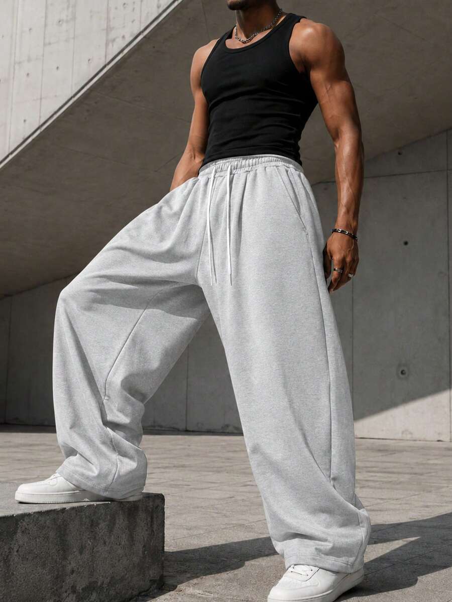Men's Wide Leg Drawstring Elastic Waist Loose Street Style Casual Sports Pants - Light Grey - View 1