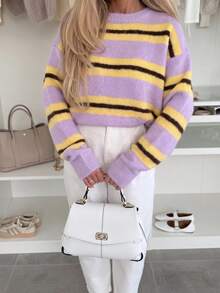 Women's Plus Size Lavender Yellow Striped Pullover Sweater, Long Sleeve, Regular Fit, Medium Stretch Fabric, Suitable For Spring Wear, Casual Preppy Style - Multicolor - View 4