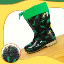 HSYAAMOO Boys' Black Glitter Dinosaur Print Drawstring Cuff Rain Boots, Transparent Thick Sole Non-Slip Rubber Mid-Calf Waterproof Rubber Shoes For Outdoor Water Play - Dark Green - View 8