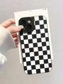 Checkered Phone Case, Checkerboard Phone Case, 360 Degree Protection, Lens Protection Matte TPU Frosted Phone Case Compatible With Iphone&Galaxy,IPhone16 - Black and White - View 1