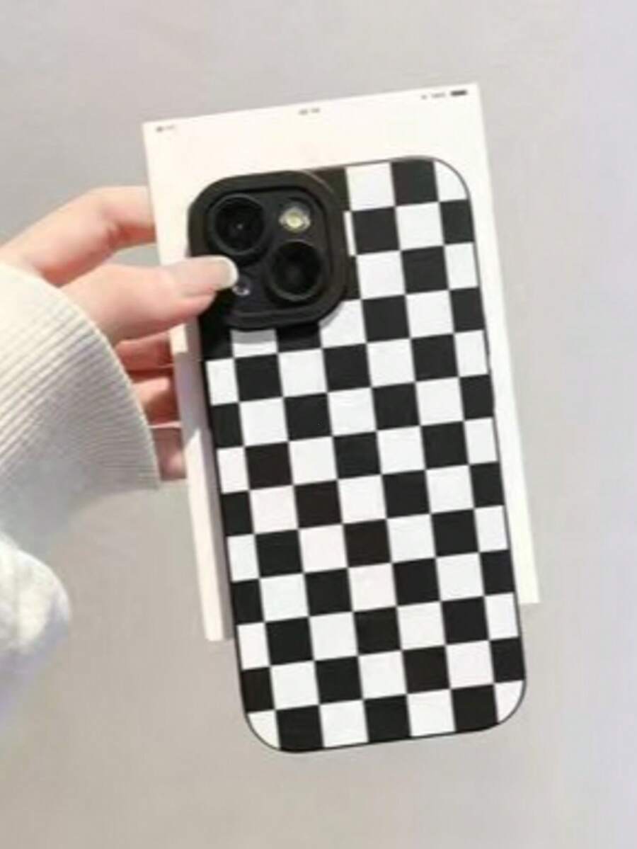 Checkered Phone Case, Checkerboard Phone Case, 360 Degree Protection, Lens Protection Matte TPU Frosted Phone Case Compatible With Iphone&Galaxy,IPhone16 - Black and White - View 1