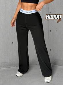 Hidkat With My Calm Casual Versatile Black High Elastic Waist Side Slit Design Comfortable Slimming Sports Pants - Black - View 1