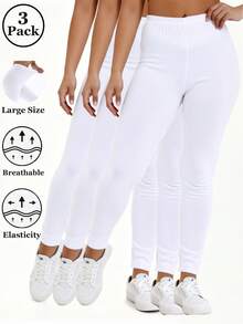 3 pcs Legging Panjang Putih Ukuran Plus, Kain Lembut Elastis Tinggi, Potongan Pendek, Pas Ramping, Tidak Ketat - Putih - View 12