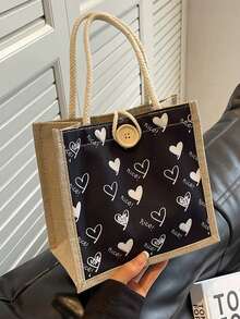 1pc Fashionable Black Heart Pattern Canvas Tote Bag - Lightweight & Multifunctional, Suitable For Lunch, Travel | Durable Fabric, Large Capacity Interior, Essential For Daily Use, Cute Storage Bag - Black and White - View 9