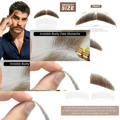 Mustache, Fake Mustache, Straight Mustache, Human Hair Straight Beard Invisible Lace Hand-Tied Fake Beard For Men, Realistic Facial Hair For Cosplay,
