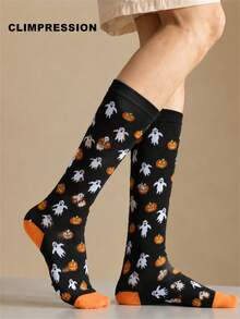 CLIMPRESSION Unisex Halloween Knee-High Socks, Ghost & Pumpkin Pattern Long Socks, Creative Holiday Costume Socks - Black - View 2