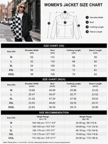 Women's Spring/Autumn Black & White Plaid Stand Collar Zip-Up Jacket, Asymmetric Patchwork Loose Casual Outerwear With Adjustable Drawstring Hem - Black - View 9
