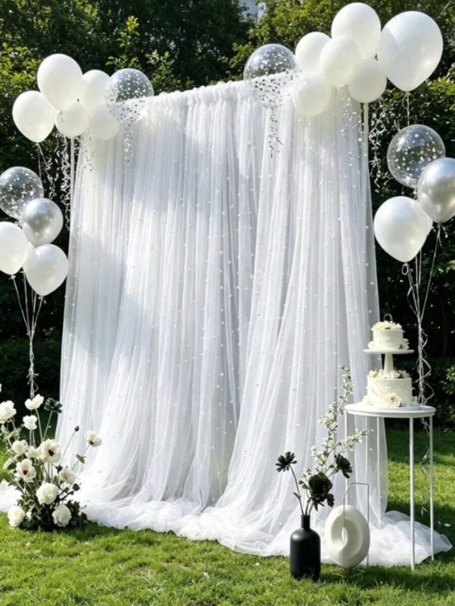1pc 118 Inch White Pearl Transparent Tulle Fabric, Suitable For Wedding Decor, Party Backdrop, Semi-Sheer Curtains, Bridal, DIY Wedding Dress, Party, Photo Backdrop, Tablecloth, Table Runner, Banner, Gift Wrapping, DIY Crafts, Baby Shower, Home Decor, Event Backdrop, Birthday Party Supplies, Birthday Decor, Table Centerpiece Decor, White Party Supplies - White Pearl - View 1