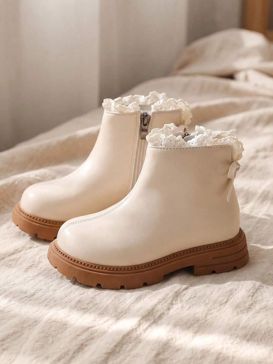 1 Pair 2026 New Girls' Lace Trim Ankle Boots, Soft Leather Thick Sole Non-Slip Boot Design, Sweet Princess Gentle Style, Suitable For Autumn/Winter Daily Outings And Dress Matching - Beige - View 1