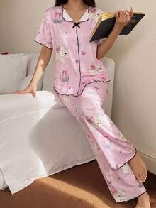 女款V領卡通印花睡衣套裝，收口短袖上衣與收口長褲，可愛居家服套裝，休閒時尚睡衣套裝 - 彩色 - 查看 4