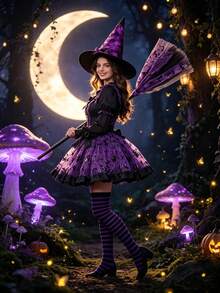 Women Halloween Witch Cosplay Costume Set, Witch Hat, Tulle Skirt & Broom Prop, Fancy Dress Outfit For Theme Party Masquerade Ball Stage Performance - Multicolor - View 9