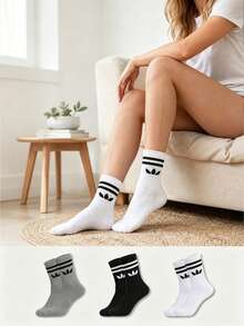 12 Pairs Unisex Classic 2-Stripe Mid-Calf Socks, Clover Logo Sports Casual Commute Versatile Socks - Multicolor - View 3