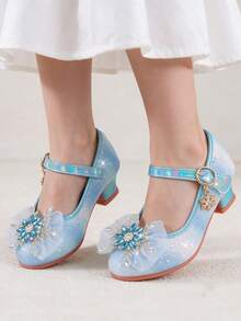 1 Pair New Rhinestone Bow Girls' Leather High Heel Princess Shoes, Fashionable Sequin Blue Shoes For Party, Wedding, Princess Dress - Blue - View 4