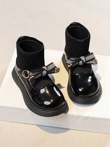 1 Pasang Sepatu Bot Sehari-hari Gaya Inggris untuk Anak Perempuan, Sol Lembut Anti Selip, Sepatu Bot Model Princess Serbaguna dengan Motif Rajutan Patchwork - Hitam - View 4