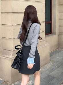 Korean Style Academy Patchwork 2 In 1 Knit Cardigan - Grey - View 5