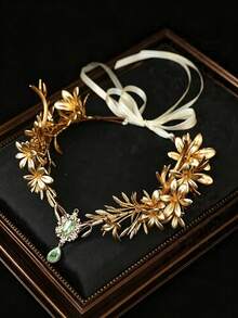 KOVLYNE 1pc Vintage Gold Floral Bridal Headband, Greek Goddess Leaf Crown With Green Crystal Pendant, Adjustable Hair Accessory, Suitable For Weddings, Festivals And Renaissance Costumes - Gold - View 5