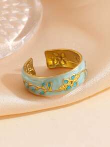 1pc 18K Gold Plated Stainless Steel Oil-Filled Flower Open Ring, Suitable For Women's Daily Wear Or As A Gift - Multicolor - View 10