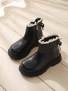 1 Pair 2026 New Girls' Lace Trim Ankle Boots, Soft Leather Thick Sole Anti-Slip Boot Design, Sweet Princess Gentle Style, Suitable For Autumn/Winter Daily Wear And Matching With Dresses - Black - View 2