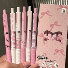 6支/組 粉色蝴蝶結快乾凝膠筆，0.5mm細尖，書寫流暢，適用於辦公室、教室、青少年、成人、居家、教育、考試、開學季 - 粉色 - 查看 1