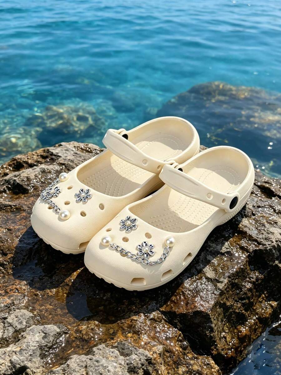 Women's Cream Beige Thick Sole EVA Clogs, Pearl Metal Chain Decor 2-In-1 Slip-On Sandals, Summer Beach Shoes - White - View 1