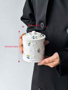 1pc 3D Embossed Bowknot Fruit Ceramic Storage Jar With Lid, Sealed Tea And Sugar Cube Container, Cherry Blueberry Home Kitchen Decor Gift - Multicolor - View 3
