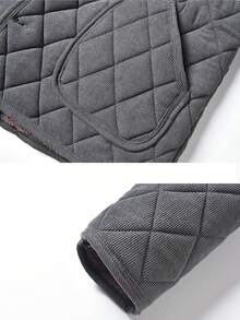 Women's Gray Diamond Quilted Jacket, Stand Collar Button Front Coat With Patch Pockets And Soft Fleece Lining, Casual Daily Wear - Grey - View 9
