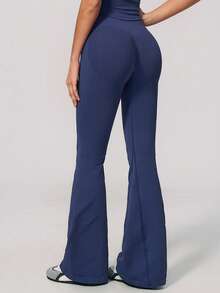 KyrLssu Quần legging nữ cạp cao không đường may, lưng gân, màu trơn, co giãn, định hình bụng, quần capri tập yoga và fitness - Màu xanh hải quân - Xem 5