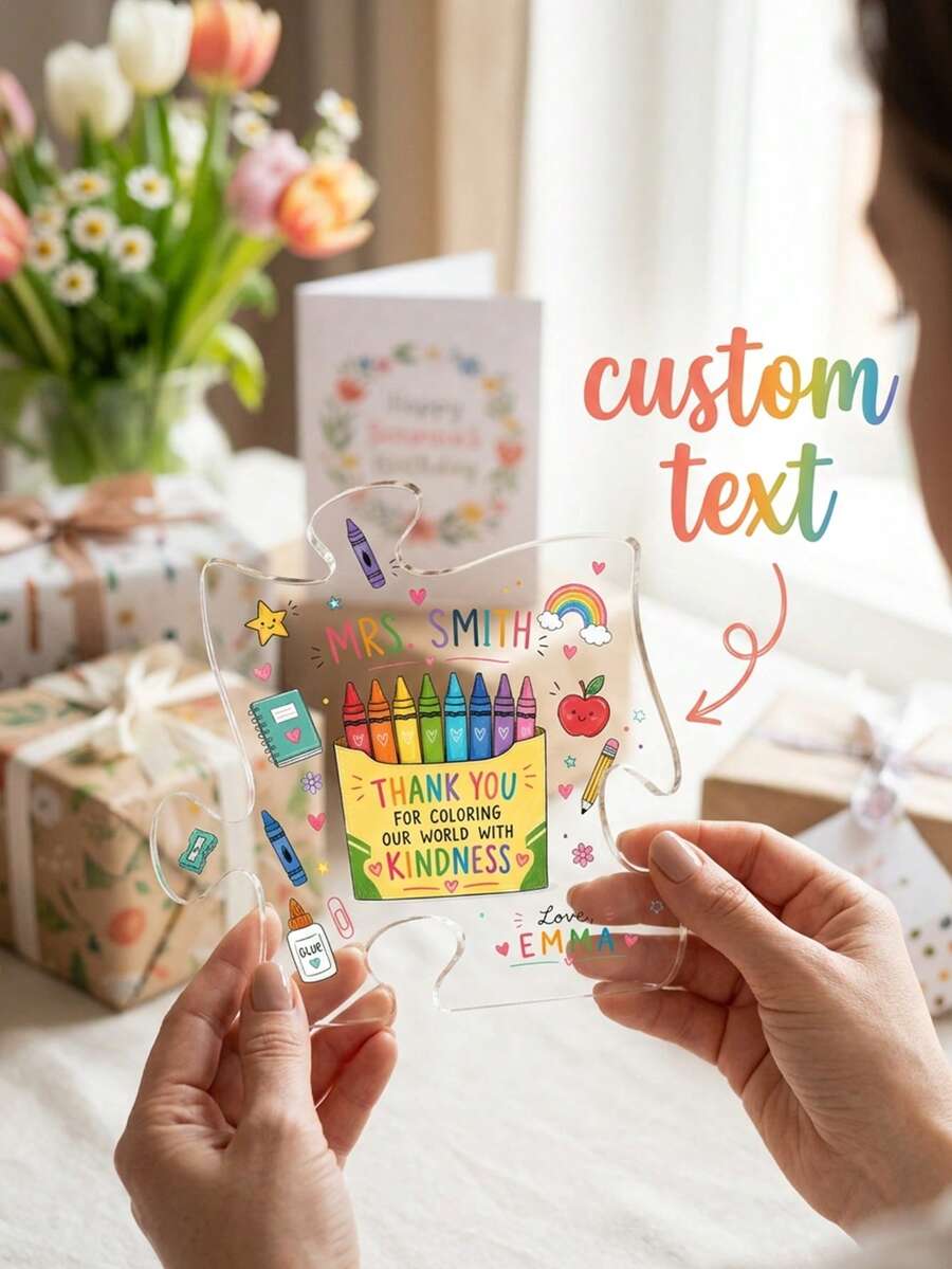 1pc Customized Teacher Name Puzzle Shaped Acrylic Plaque, Personalized Teacher Appreciation Keepsake, Cute Crayon And School Supplies Design, Transparent Acrylic Decor, Teacher's Day, End Of School Year And Back To School Season Teacher Educator Gift - Multicolor - View 1