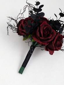 13 Inch Gothic Black&Burgundy Artificial Wedding Bouquet For Bride Bridesmaid, Floral Bouquet With Ribbon Ceremony,Anniversary,Home Decor - Multicolor - View 7