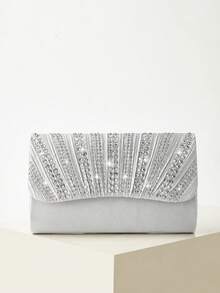 REMANLAND Glamorous Sparkling Rhinestone Decorated Chain Bag, Magnetic Closure, Elegant Fashionable Evening Bag, Suitable For Women's Birthday Party, Charming Evening Shoulder Bag - Silver - View 3