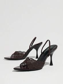 Women's Pointed Toe Lace Embroidered Fan-Shaped Mesh High Heel Sandals, Suitable For Evening Party Wear, Brown High Heels - Brown - View 9