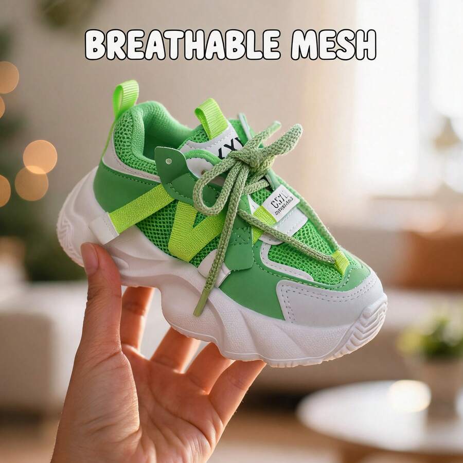 1 Pair Comfortable Fashion Lightweight Breathable Baby & Kids Sports Shoes With Strap Design, Easy To Put On And Take Off, Suitable For Indoor & Outdoor All Season Wear - Green - View 1
