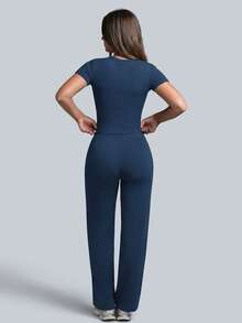 NcmRyu Conjunto deportivo de mujer de un solo color con cuello redondo, manga corta, cordón y pantalones de pierna recta - Azul Marino - Ver 3