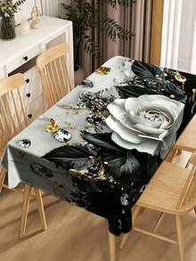 1 pieza Elegante mantel blanco con rosas, diseño contrastante de hojas negras con lunares y flores blancas, resistente a las manchas y lavable de poliéster rectangular para decorar la mesa del hogar, la cocina, el comedor, fiestas y picnics - Blanco y Negro - Ver 12