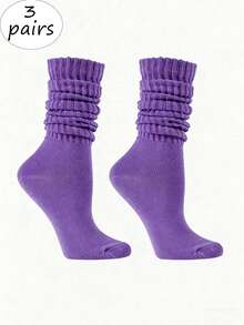 1/3 Pairs Women's Knee-High Socks, Mid-Calf Socks, Solid Color Calf Socks, Thick Knit Socks, Simple & Versatile, Suitable For All Seasons, Comfortable & Warm, Daily Wear - Purple - View 6