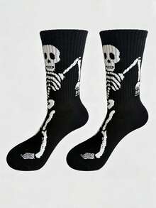 1/5 Pairs Unisex Skull And Spider Pattern Mid-Calf Socks, Comfortable Creative Casual Socks, Suitable For Daily Wear, Halloween, Party, Autumn - Black and White - View 5