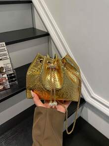 鱷魚紋時尚新款單肩斜跨包 手提包 通勤包 紋理抽繩水桶包 極簡時尚金色肩背包 - 金色 - 查看 3