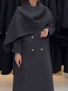 Women's Dark Grey Long Wool Coat, Double-Breasted Design, Belted Waist, Comfortable Large Lapel, Suitable For Cold Weather, Nyfw - Carbon Black - View 3