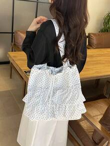 Dedoo 女款帆布波點印花托特包，荷葉邊層次抽繩單肩包，大容量書包，適合大學校園 - 白色 - 查看 3